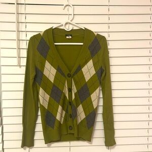 J.Crew Women’s Size S 100% Merino Wool Argyle Cadigan (GREEN/GREY/WHITE)